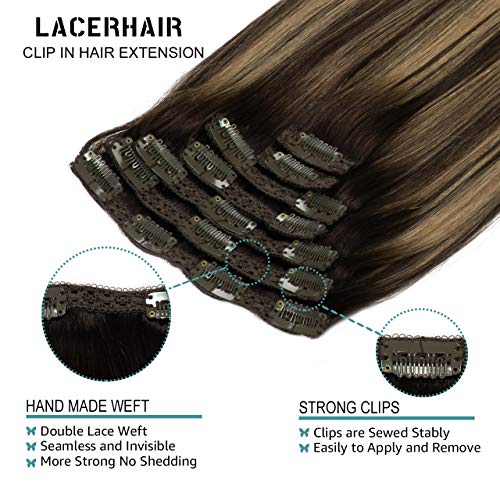 Lacer Balayage Clip in Hair Extensions B#2/12 Darkest Brown to Light Golden Brown Color Remy Human Hair Extensions Clip in Real Natural Hair Extensions Straight Thick 120g 16 Inch