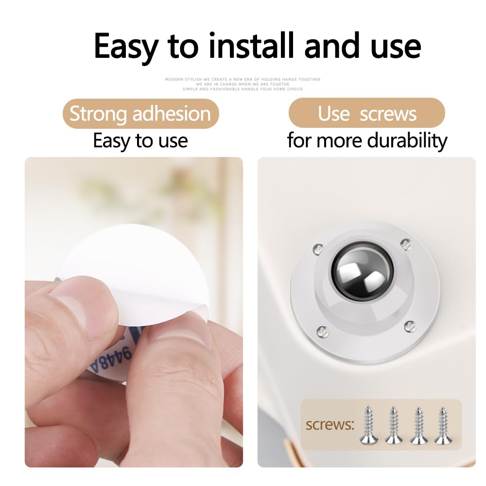 Dear Self Adhesive Caster Wheels for Furniture, Storage Box, Trash Can - Stainless Steel Universal Pulley 360 Degree Rotating Swivel Wheels - 0.8 Inch Low Profile - White - 12 Pack