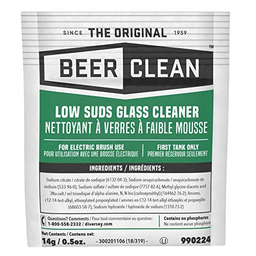 BEER CLEAN 990224 Low Suds Glass Cleaner, Restaurant Barware & Glassware Cleaner for Auto Brush, Powder Packets, 0.5-Ounce (Pack of 100)