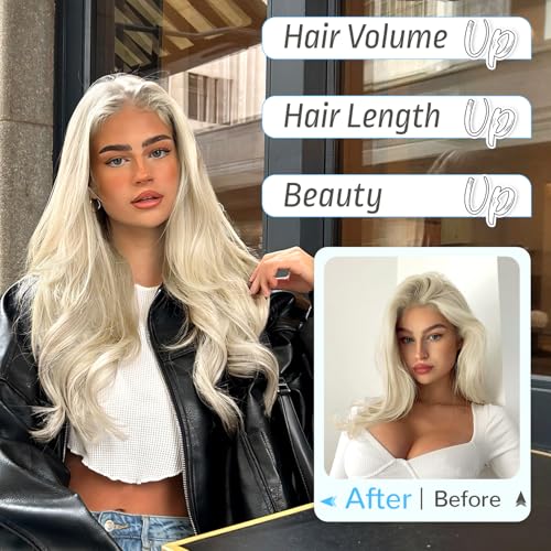 KooKaStyle Invisible Wire Hair Extensions Long Wavy Layered Synthetic Hair Extensions with Transparent Wire Adjustable Size 6 Secure Clips Platinum Blonde Hairpieces for Women 20 Inch