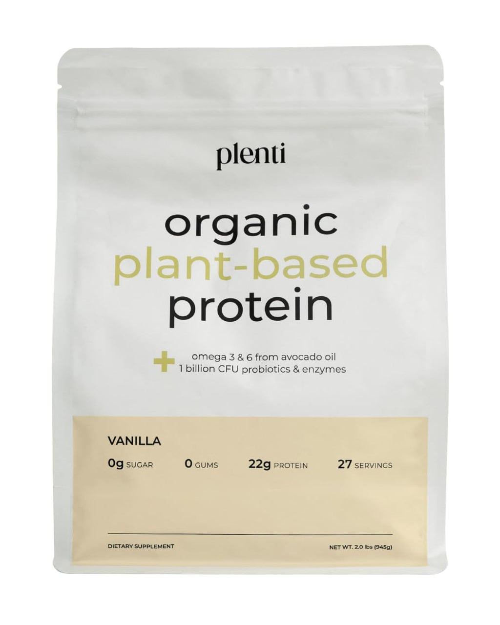 plenti Organic Plant-Based Protein Powder: Vanilla - 20g Pea Protein + Probiotics, Digestive Enzymes & Omega 3-6, Gut Friendly, Sugar Free, 27 Servings (2 lbs)