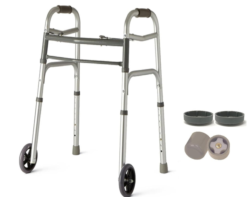 HEALTHLINE Adjustable Folding Walker with Wheels – Fits Petite Adults and Short Seniors, 5" Wheels, Includes 2 Pairs of Rear Glides – Aluminium Frame with Secure Hand Grips (250 lb Capacity)
