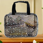 Black Holographic Star Cosmetic Bag for Women 11.8x5.1x8.2 Inches Portable Travel Toiletry Bag with Handles,Durable PVC Material,Zipper Design-Ideal Large Clear Makeup Organizer