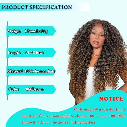 30# Auburn Brown Human Braiding Hair 16 Inch 50 g 1 Bundle Deep Wave Bulk Human Hair for Braiding Curly Human Hair for Boho Braids Wet and Wavy Hair Extensions No Weft Micro Braiding Hair