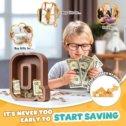 Summidate Wooden Letter Piggy Bank, Extra Thick Large Capacity Piggy Bank for Kids Boys Girls Toddler, Alphabet Q Money Bank| Coin Box Birthday, Christmas, Festival