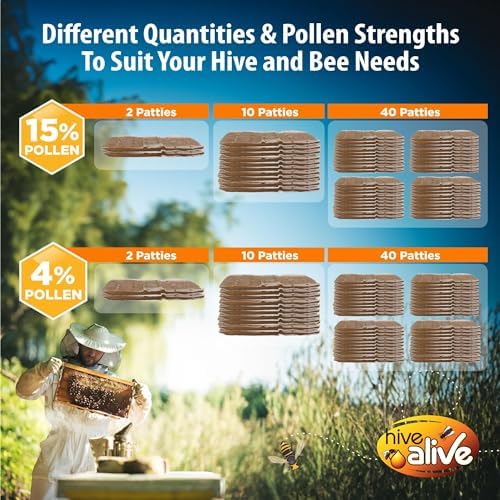 Pollen Patties for Honey Bees - 10lb (10x1lb) Natural Bee Food with 15% Real USA Pollen, Full Dose of Hive Alive Concentrate, Seaweed Micronutrients, and Amino Acids to Improve Colony Health, Brood