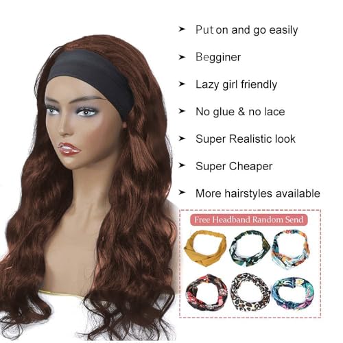Headband Wig Human Hair Body Wave 26 Inch Chocolate Brown Glueless None Lace Front Wig Brazilian Virgin Human Hair Wigs Wear and Go Wigs for Black Women 150% Density Wigs