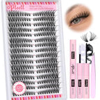 Lash Clusters Kit 50D 320 Pcs Individual Lashes Clusters Kit With Lash Bond and Seal and Eyelashes Tweezers 7-16 MM Cat Eye Wispy Eyelash Clusters D Curl Cluster Eyelash Extensions Kit