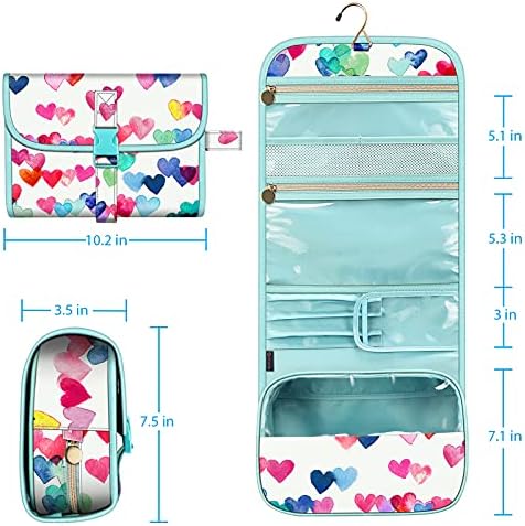 Fintie Portable Toiletry Cosmetic Travel Bag, Large Water Resistant Hanging Makeup Organizer Storage Pouch Case for Women Girls (Raining Hearts)