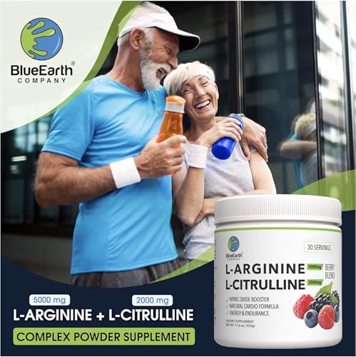 BlueEarth Company L-Arginine 5000mg + L-Citrulline 2000mg Complex Powder Supplement - Nitric Oxide Booster - Heart Health, Blood Flow, Energy & Endurance - 30 Servings (Berry Blend)