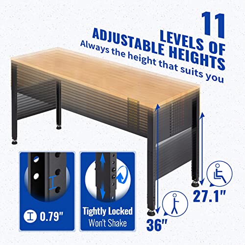 VEVOR 60" Adjustable Workbench, Heavay Duty Workstation 2000 LBS Load Capacity, with Power Outlets & Rubber Wood Top & Metal Frame & Foot Pads, for Workshop Office Home Garage