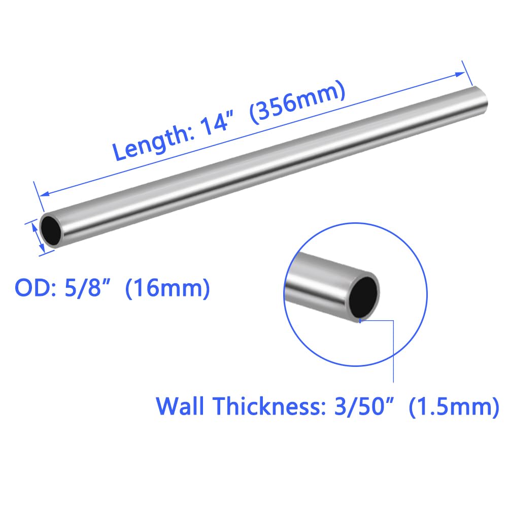 Tynulox 5/8" OD 304 Stainless Steel Tube, Thickened Pipe Wall & Weldable Tubing, Round Metal Pipe Industrial Straight Tube 14 inch Length (2 Pcs)