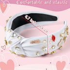 PANTIDE Music Jeweled Knotted Headband - Singer Fans Gift Guitar Red Lip Rhinestone Crystal Embellished Headband Wide Top Knot Fashion Hairband Birthday Back To School Gift for Women Girls (White)