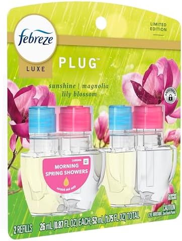 Febreze Plug In Air Freshener, Odor-Fighting Scented Oil Refill, Moring Spring Showers, 2 Refill