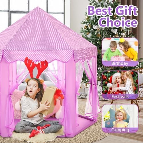 Monobeach Princess Tent Girls Large Playhouse Kids Castle Play Tent with Star Lights Gift Toy for Children Indoor and Outdoor Games, 55'' x 53'' (DxH) (Purple)