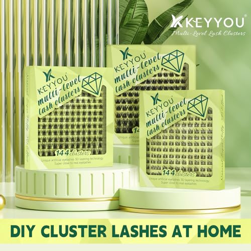 Lash Clusters 3D Effect Eyelash Clusters KEYYOU 144pcs D Curl 10mm Wispy Lashes Fluffy Cluster Lashes Natural Soft DIY Lash Extension(Radiance-D-10)