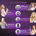 7 in 1 Blow Dryer Brush and Hair Dryer, Hot Hair Styler with Negative Ion 110,000 RPM Hair Straightener Brush for Fast Drying Straightening Curling Voluming, Suitable for All Types,Purple