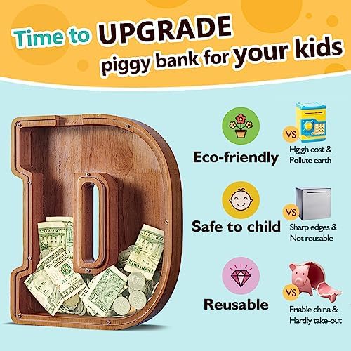 Summidate Large Wooden Piggy Bank for Kids Adults, Alphabets Letter A-Z Piggy Bank for Boys Girls, Coins Bills Change Bank Box Personalized Initial Name Kids Money Bank for Birthday Present and Decor