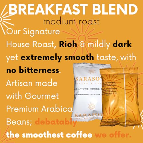 Sarasota Coffee Ground Packets | Gourmet Medium Roast Bulk Coffee Packs | Breakfast Blend | Low Acid Mold Free Singles Individual Pouches for 12 Cup Coffee Maker | 1.75 Ounce Bags, 100 Count
