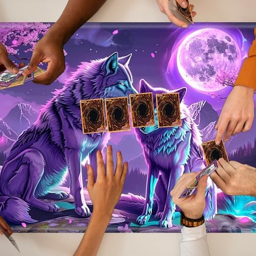 Playmats for Magic: The Gathering MTG Card Game Mat Plus 50 Pcs Card Sleeves, 24 x 14 inch TCG Mat with Stitched Edge for Commander Deck Duskmourn Board Game, Purple Moon Wolf