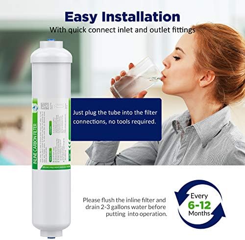Membrane Solutions T33 Inline Water Filter, 2-Pack 1/4" Quick-Connect Replacement Cartridges for Refrigerator & Ice Maker, Post-Carbon Filter for Reverse Osmosis Systems