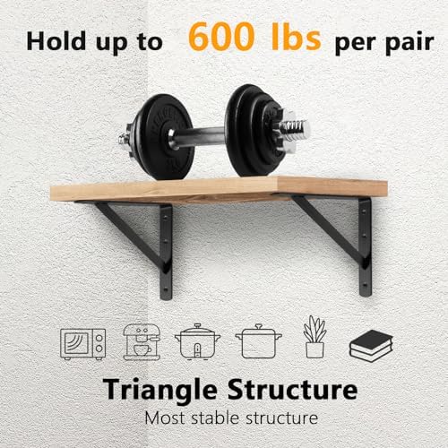 Heavy Duty Shelf Brackets 12 x 8 inches, 6 Pack Black Metal Shelves Supports, Load Capacity: 600 lb, Wall Mounted Angle L Floating Shelf Bracket, Rough Texture Powder Coating, HOME MASTER HARDWARE
