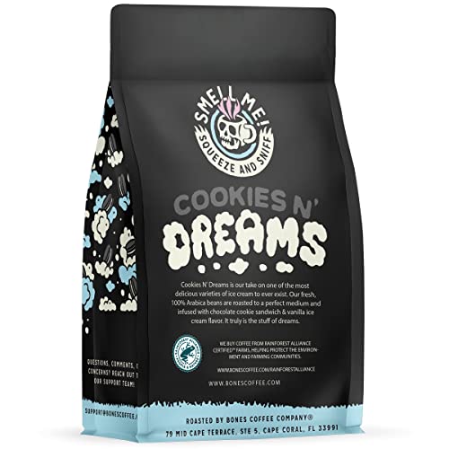 Bones Coffee Company Cookies 'N Dreams Flavored Coffee Beans, Medium Roast Ground Coffee Low Acid, Cookies & Cream Flavor (12 oz)