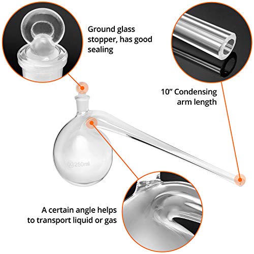 QWORK Distillation Retort, 250ml Lab Distillation Apparatus with Round Bottom and Ground Glass Stopper, for Distilling High Boiling Liquids