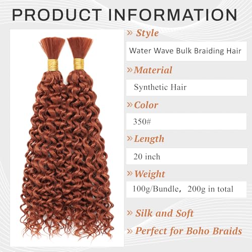 Dorsanee Water Wave Bulk Hair for Braiding 20 Inch 2 Bundles 200g Ginger Curly Braiding Hair for Boho Braids No Weft Wet and Wavy Braiding Hair Extensions (#350,100g/bundle)