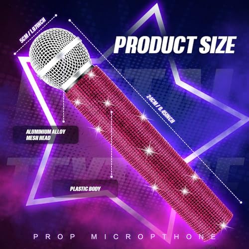 Sanwuta Fake Microphone Prop Sparkly Bling Rhinestones Plastic Play Microphone Pretend Glitter Bedazzled Mic for Cosplay Party Costume(Dark Pink)