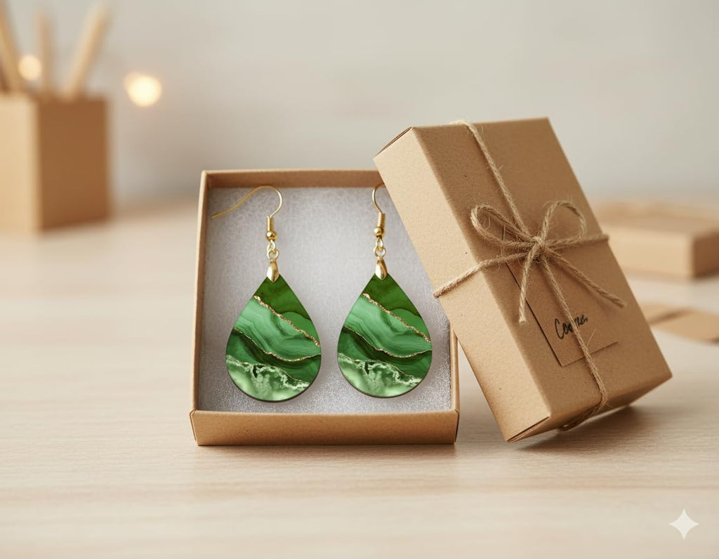 Green Earrings for Women with Gold Strands Teardrop Dangle Spring Dangling Wood Statement Jewelry MDF Kelly Lime Handmade by The Painted Pug (Large)