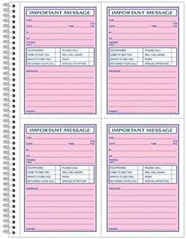 Adams Phone Message Book, 8.06 x 11 Inch, Spiral Bound, 2-Part, Carbonless, 4 Messages per Page, 400 Sets, White and Canary (S1187D)