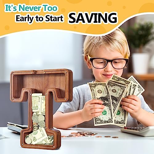 Summidate Customized Name Extra Large Wooden Piggy Bank for Kids Boys Girls Alphabets Letter A-Z Coins Bills Money Change Saving Box Clear Cover (Laser Engraved) Educational Toys 12"- Letter T