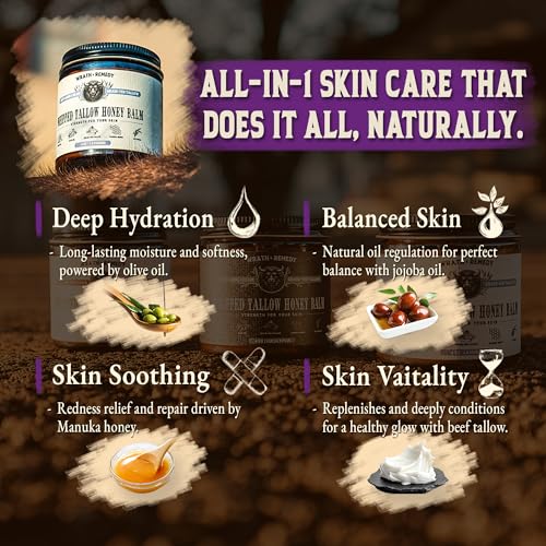 Wrath & Remedy Handmade Whipped Organic Beef Tallow for Skin - 4 OZ (Lavender) — Grass Fed Beef Tallow Moisturizer and Honey Balm for Silky, Sensitive-Skin, Eczema, Rosacea - Free of Harsh Chemicals