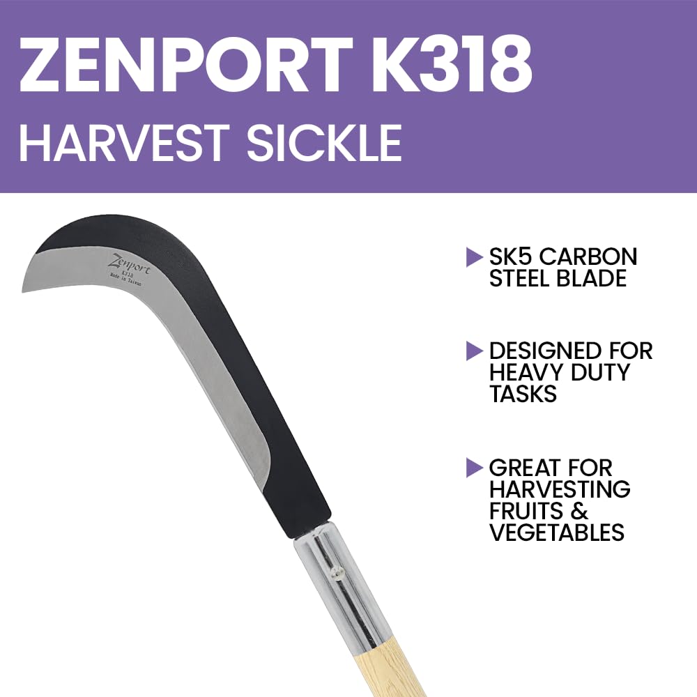Zenport K318 77.5cm (30.5-inch) Long Curved Sickle, 9 Inch Carbon Steel Blade, Beige