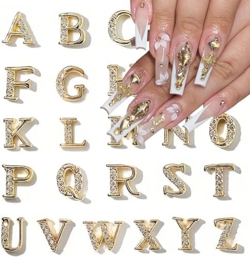 52pcs Gold Letters Nail Charms 3D Alloy English Alphabet Stud Nail Diamonds with Rhinestones Design Letter Capital Nail Gems for Women Girls Acrylic Nails Decoration Supplies Making Crafts