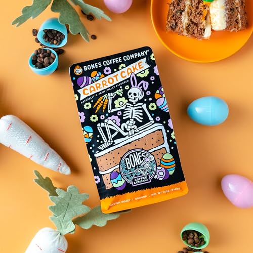 Bones Coffee Company Carrot Cake Flavored Coffee Beans, Whole Bean Coffee Medium Roast Low Acid, Carrot Cake Flavor (12 oz)
