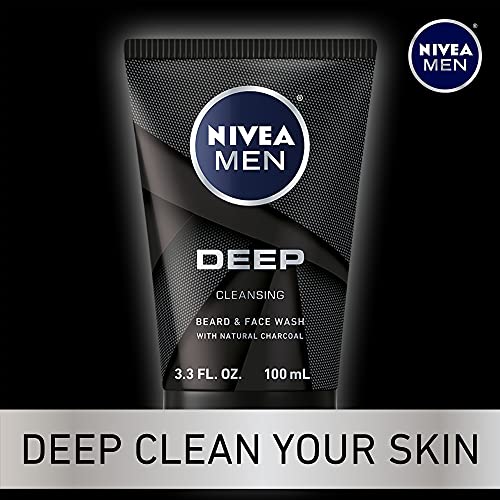 NIVEA MEN DEEP Cleansing Beard and Face Wash, Natural Charcoal Facial Cleanser Helps Remove Dirt and Excess Oils, 3 Pack of 3.3 Fl Oz Tubes