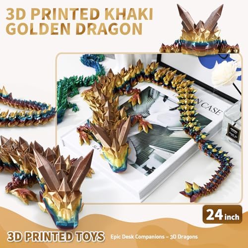 Large 3D Printed Dragon,24 Inch 3D Dragon Toys,Bigger Fidget Crystal Animals Toys, 3D Printed Articulated Animals for Home Office Car Desk Decor (Khaki Gold, 24 inch)
