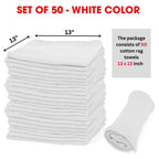 TALVANIA Shop Towels – Pack of 50 Reusable Cleaning Rags – Durable Quality Cotton – 13" x 13"– Machine Washable – Suitable for All Purposes (White)