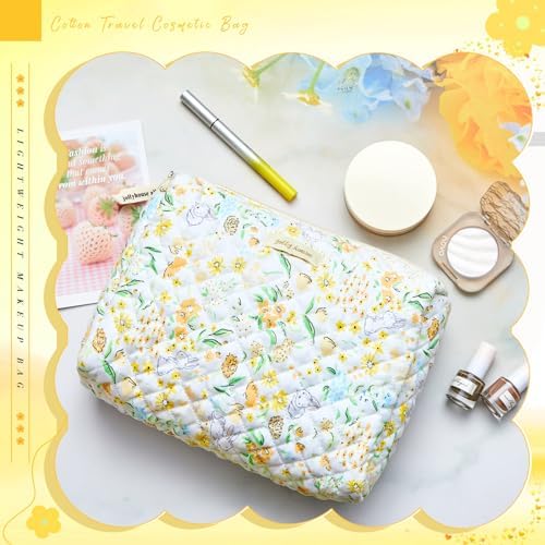 Zeyune 2 Pcs Cotton Quilted Makeup Bag for Women, Large Travel Coquette Cosmetic Bag, Aesthetic Cute Floral Toiletry Skincare Organizer(Yellow Flower)