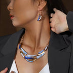 JWIGP Boho Geometric Statement Jewelry Set for Women, Blue Enamel Chunky Gold Necklace Earrings Retro Vintage Layered Chunky Collar Fashion Jewelry Gifts (Blue set)