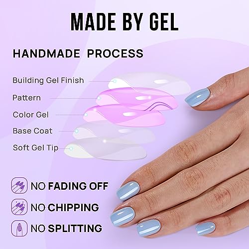 BTArtbox Press On Nails Short - Square Press On Nails, Blue Glossy Nail Tips Glue On Nails with Nail Glue, Reusable Stick On Nails in 15 Sizes - 30 Soft Gel Fake Nails Kit, Ocean Glazed
