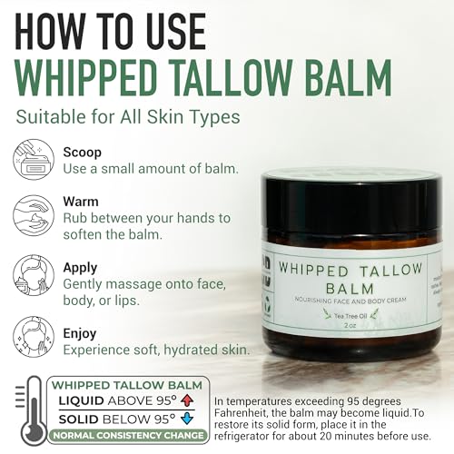 Whipped Tallow Balm (Tea Tree), Organic Body Butter Cream, Grass Fed Beef Tallow for Skin Moisturizer, All Natural Lotion, 2 oz