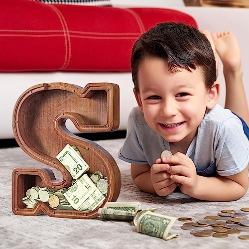 Summidate Customized Name Extra Large Wooden Piggy Bank for Kids Boys Girls Letter A-Z Coins Bills Money Change Bank Box Initial on Clear Cover (Laser Engraved) Educational Toys 12"- Letter S