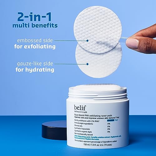 belif PHA 2% Toner Pads – Gentle Exfoliating Facial Polish for Pore Care, Hydrating & Soothing with Panthenol & CICA, Double-Sided Texture, Ideal for Sensitive Skin, Korean Skincare (70 Pads)