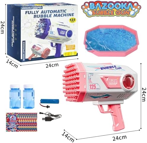 BOMOCO Bubble Gun, 125 Holes Bubble Machine Bubbles for Kids Age 3-12, Bubble Blaster Gun with Bubble Solution Summer Outdoor Bubble Toys Birthday Wedding Party Favors Bubble Maker Blower,Pink