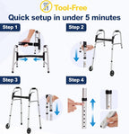 HolyHeal Folding Walkers for Seniors with 2 Skis and 5" Wheels, Lightweight Adult Rolling Walker, Supports Up to 350 Pounds, Adjustable Height, Aluminum Standard Walker, Silver