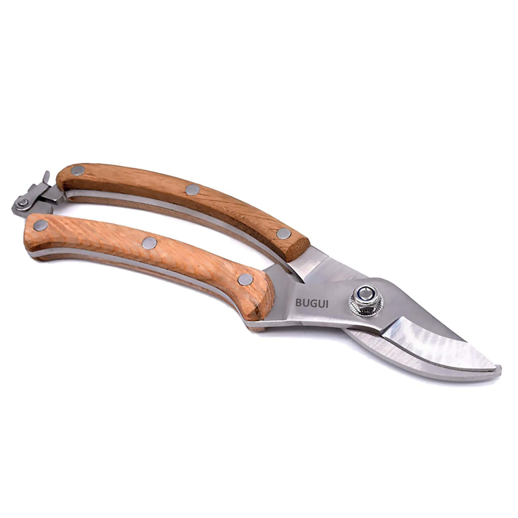 BUGUI Wood Handle Pruning Shears, SK-5 Steel Blade, 1-inch Cutting Capacity, Sharp, Well Designed Garden Shears, 8"