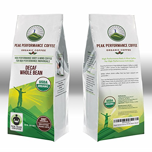 Peak Performance High Altitude Organic Decaf Coffee. Fair Trade, Low Acid, Non GMO, Beans Full Of Antioxidants. Medium Roast Smooth Tasting USDA Certified Organic Decaffeinated Whole Bean Coffee Bag